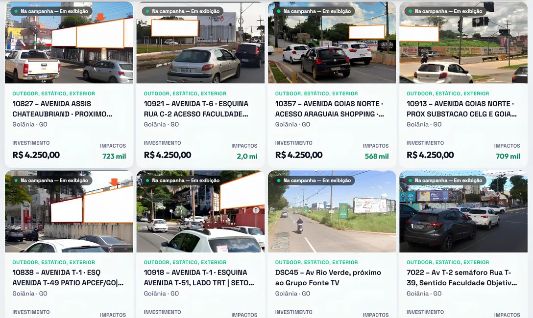 Tela da plataforma listando os pontos de OOH da campanha, com foto, endereço e valor de cada um